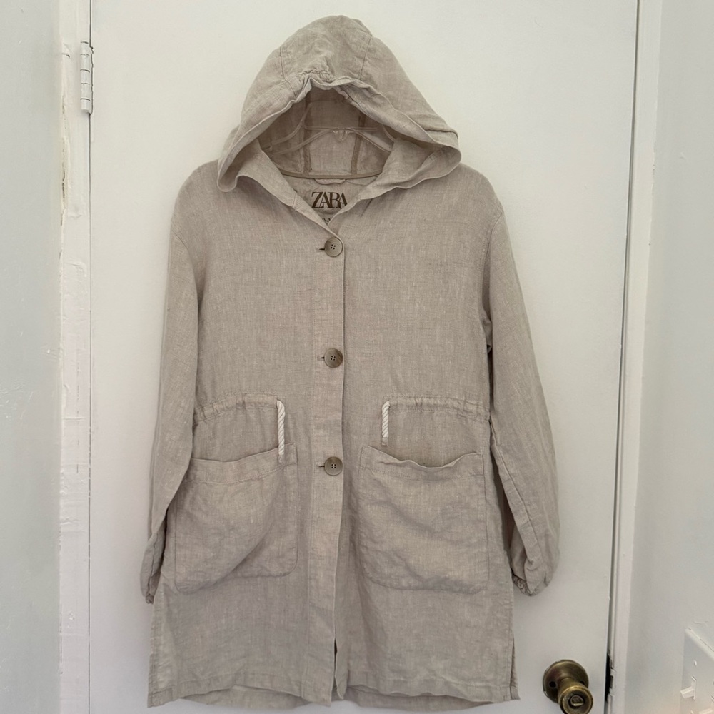 Zara Cream Hooded linen blend hoodie mid length Coat